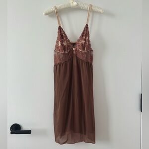 🎁 Affinitas Intimates Brown Babydoll Chemise Lace Slip Nightie Dress Vintage